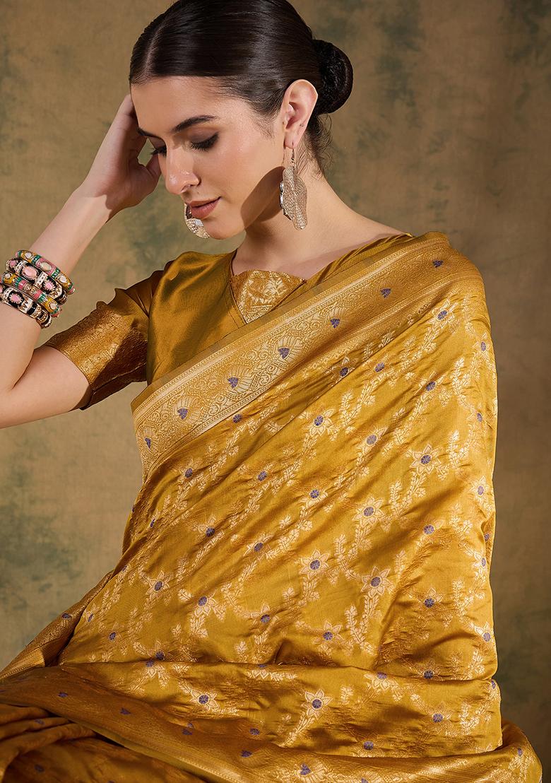 Gold Embroidered Silk Saree Set - Indya