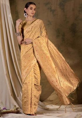 Beige Embroidered Silk Saree Set