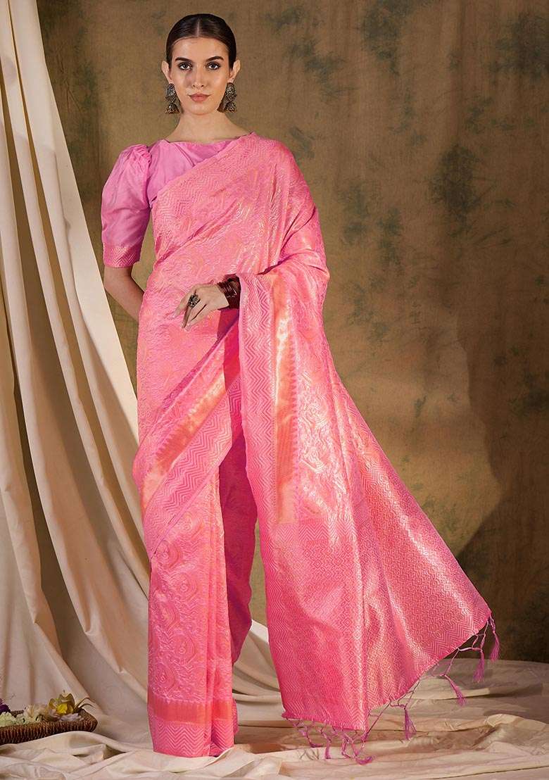Baby Pink Silk Saree Set with Embroidered for Diwali | Wedding & Festive Wear - Indya