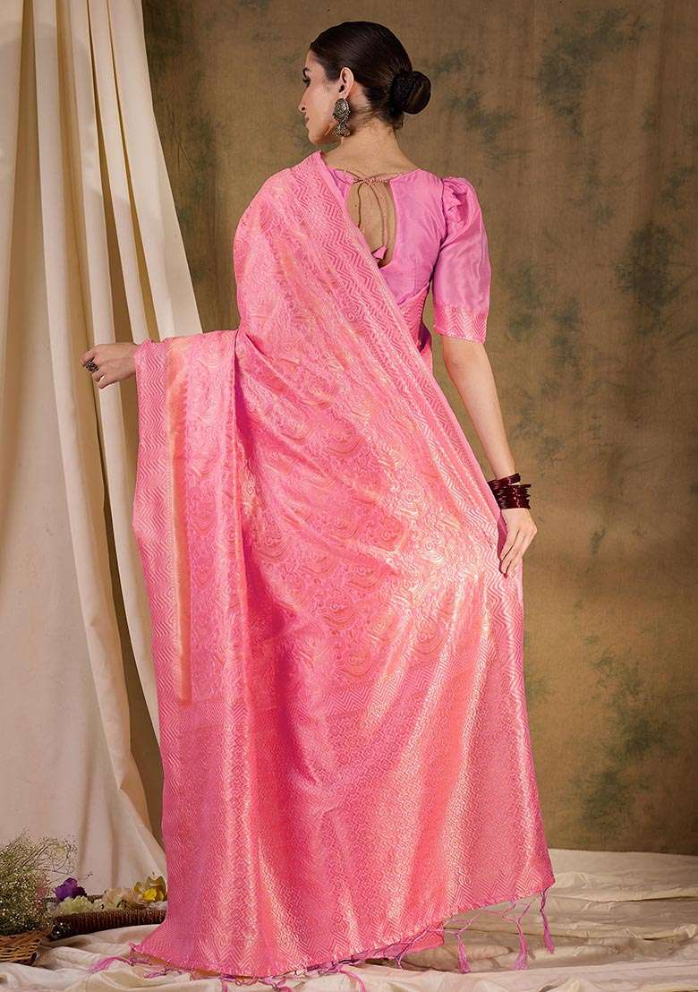 Baby Pink Silk Saree Set with Embroidered for Diwali | Wedding & Festive Wear - Indya