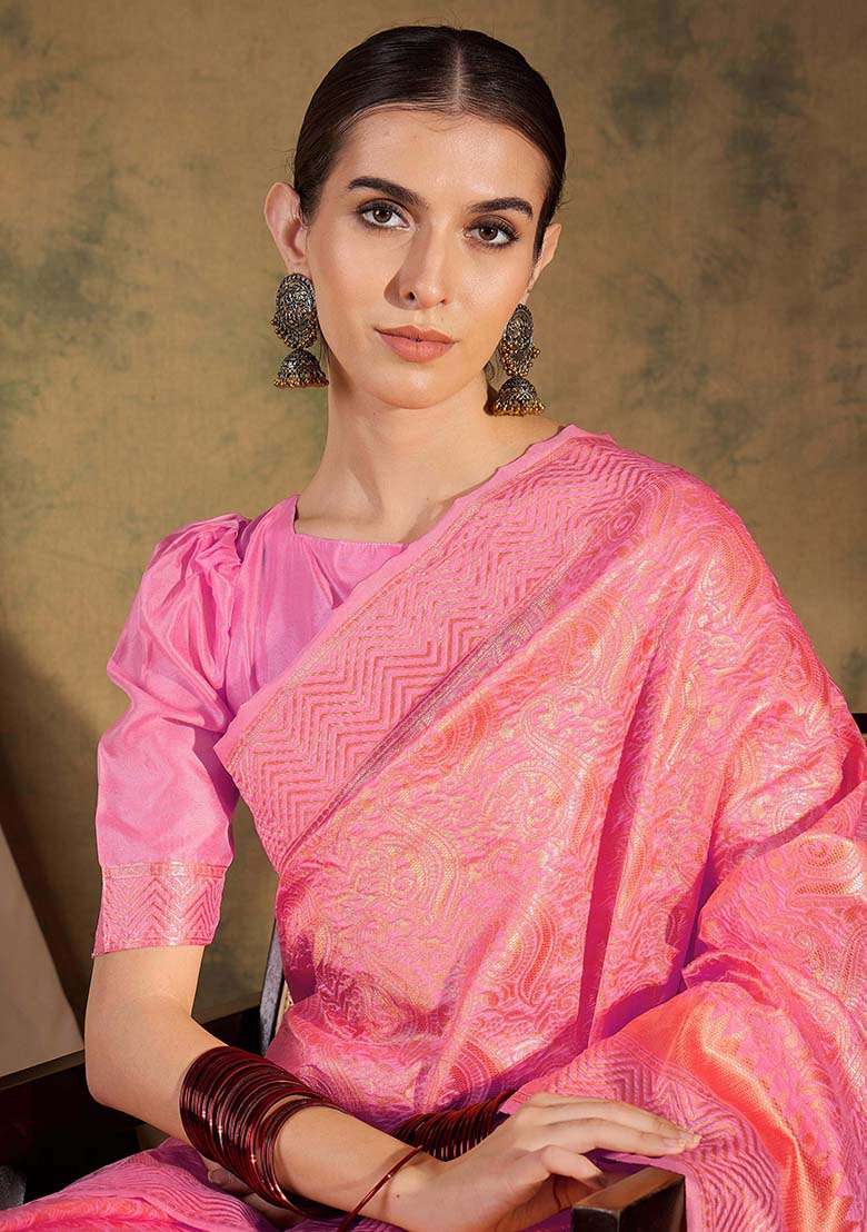 Baby Pink Silk Saree Set with Embroidered for Diwali | Wedding & Festive Wear - Indya