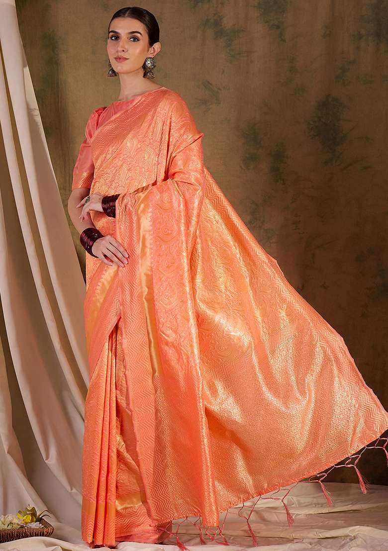 Peach Embroidered Silk Blend Saree Set for Diwali and Festive Wear - Indya