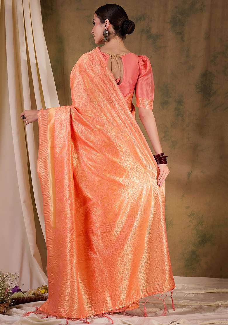 Peach Embroidered Silk Blend Saree Set for Diwali and Festive Wear - Indya