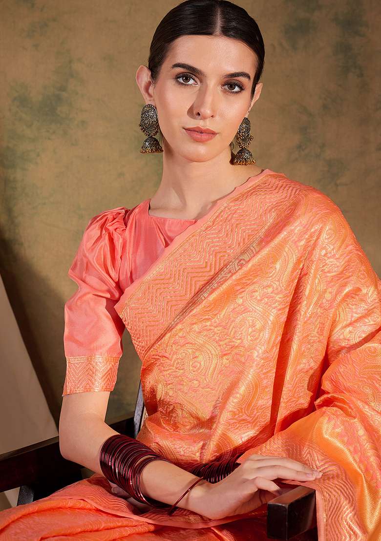 Peach Embroidered Silk Blend Saree Set for Diwali and Festive Wear - Indya