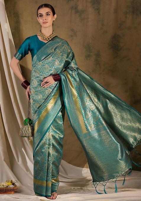 Teal Embroidered Silk Saree Set