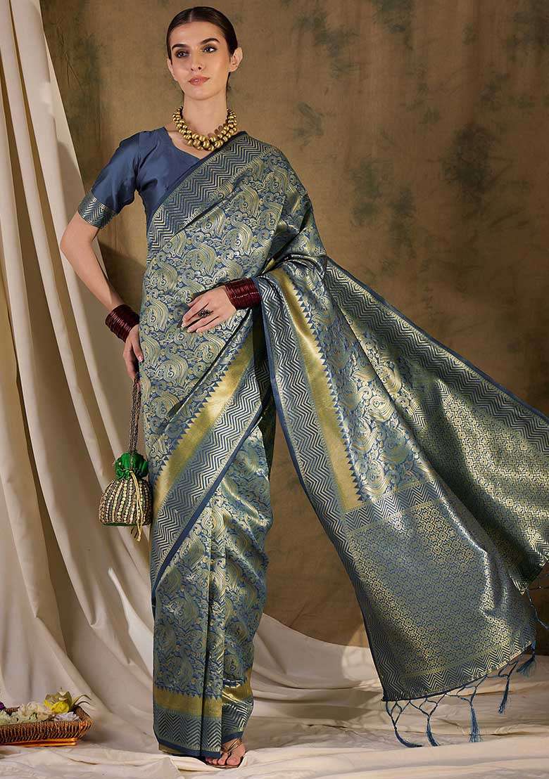 Grey Embroidered Silk Blend Saree Set for Diwali and Festive Wear - Indya