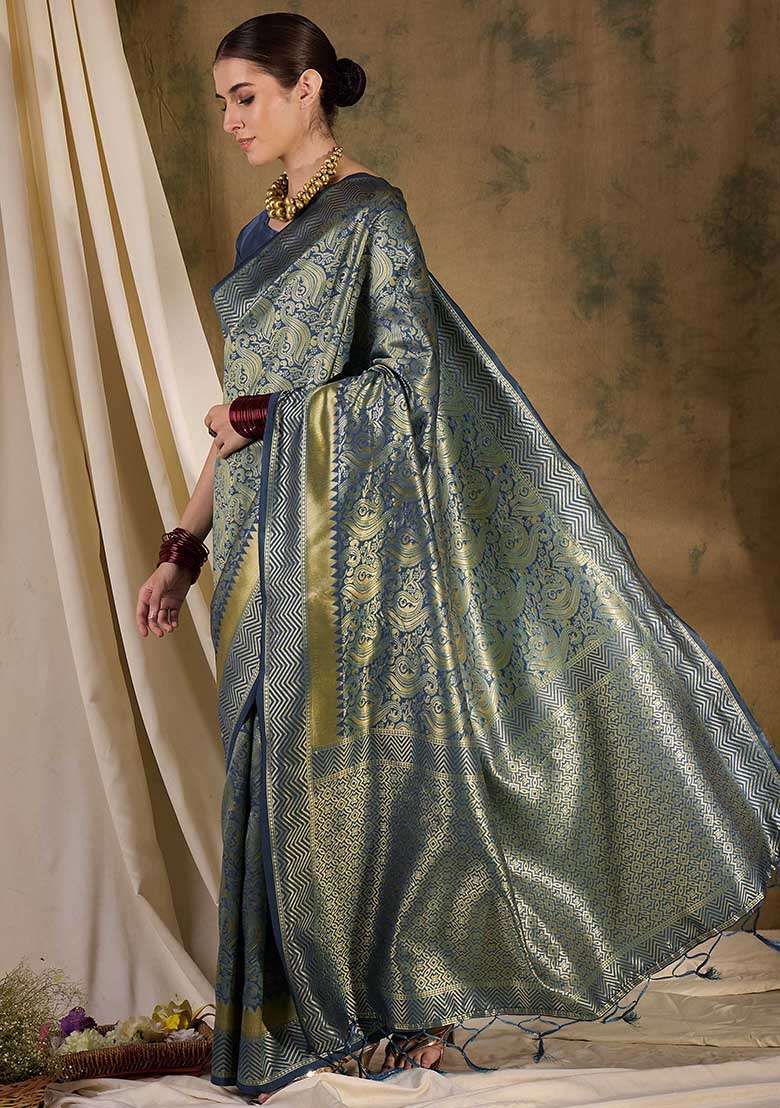 Grey Embroidered Silk Blend Saree Set for Diwali and Festive Wear - Indya