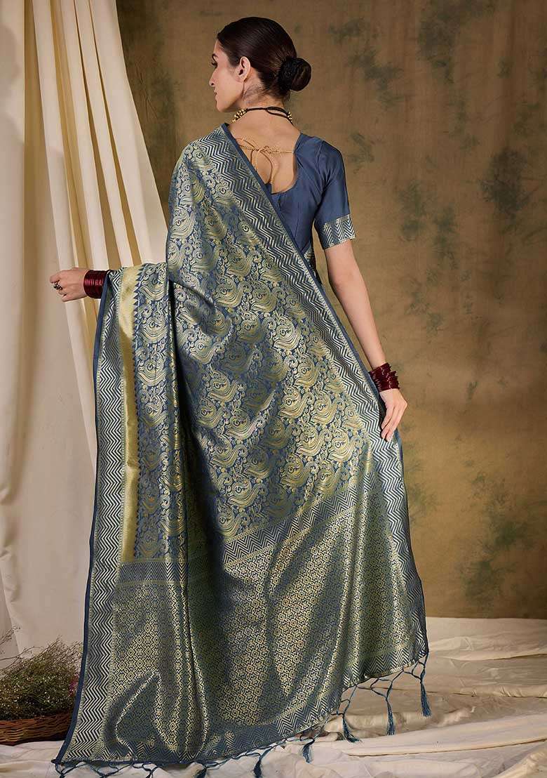 Grey Embroidered Silk Blend Saree Set for Diwali and Festive Wear - Indya