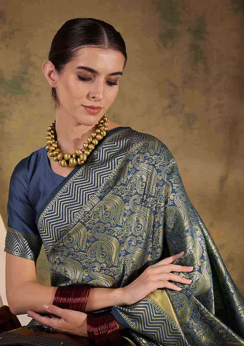 Grey Embroidered Silk Blend Saree Set for Diwali and Festive Wear - Indya