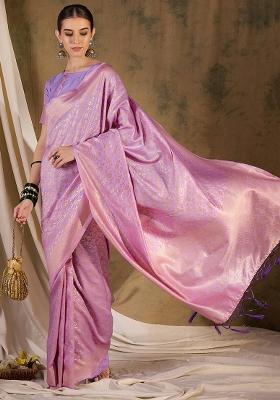 Lavender Embroidered Silk Saree Set