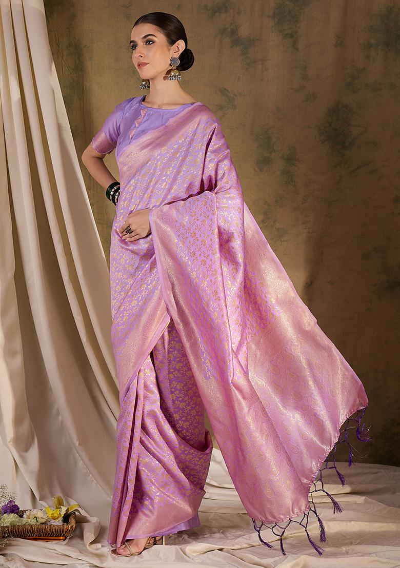 Lavender Embroidered Silk Saree Set