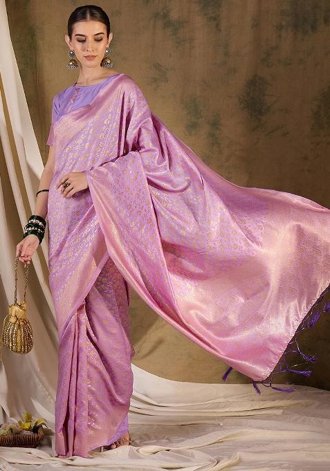 Lavender Embroidered Silk Saree Set