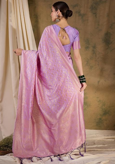 Lavender Embroidered Silk Saree Set