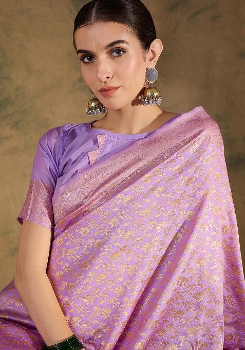 Lavender Embroidered Silk Saree Set
