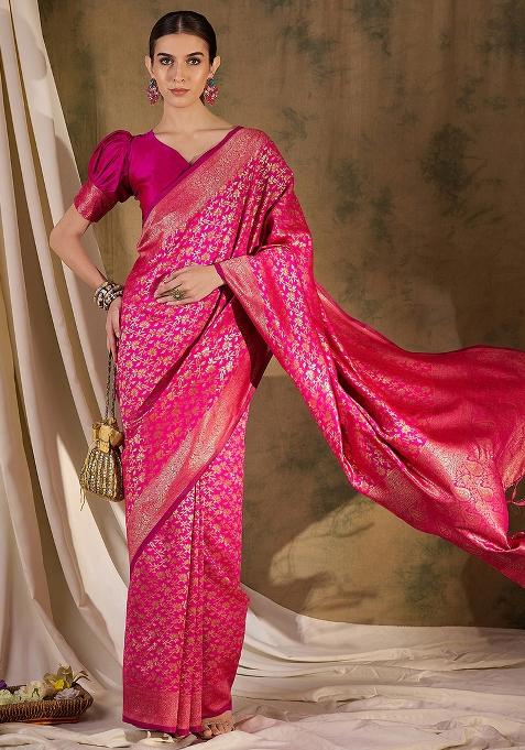Pink Embroidered Silk Saree Set