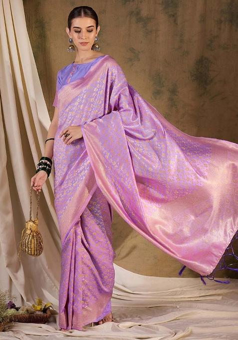 Light Violet Embroidered Silk Saree Set