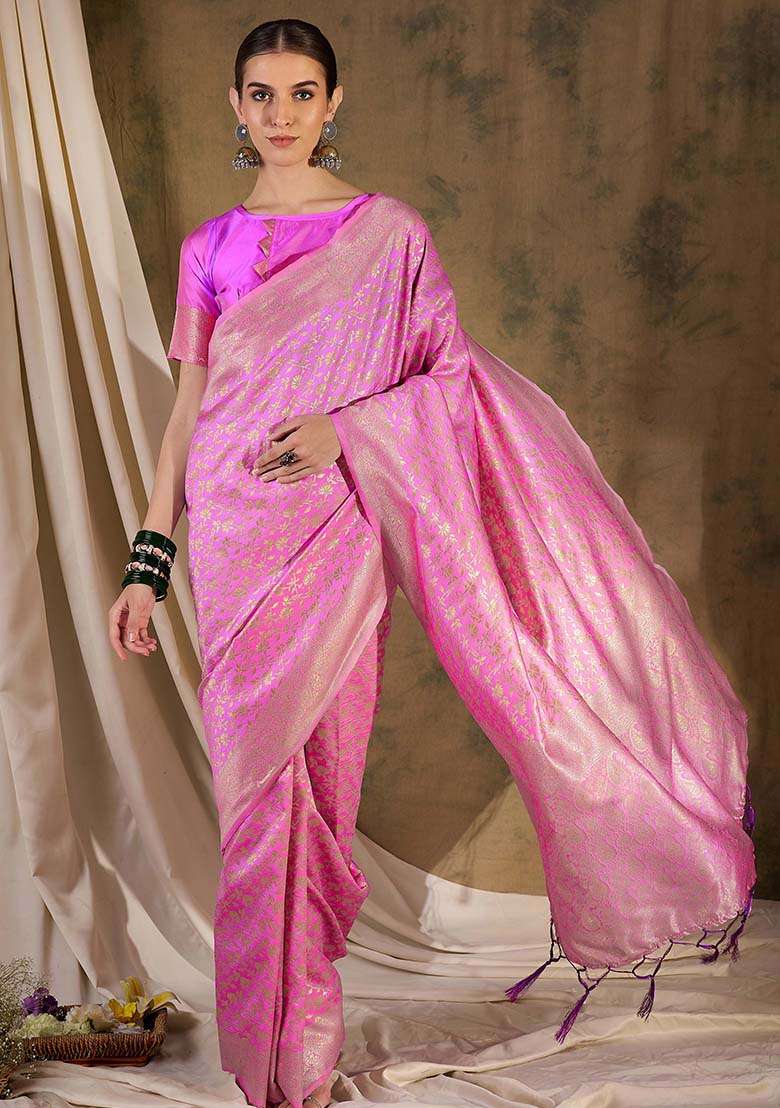 Baby Pink Embroidered Silk Blend Saree Set for Diwali and Festive Wear - Indya