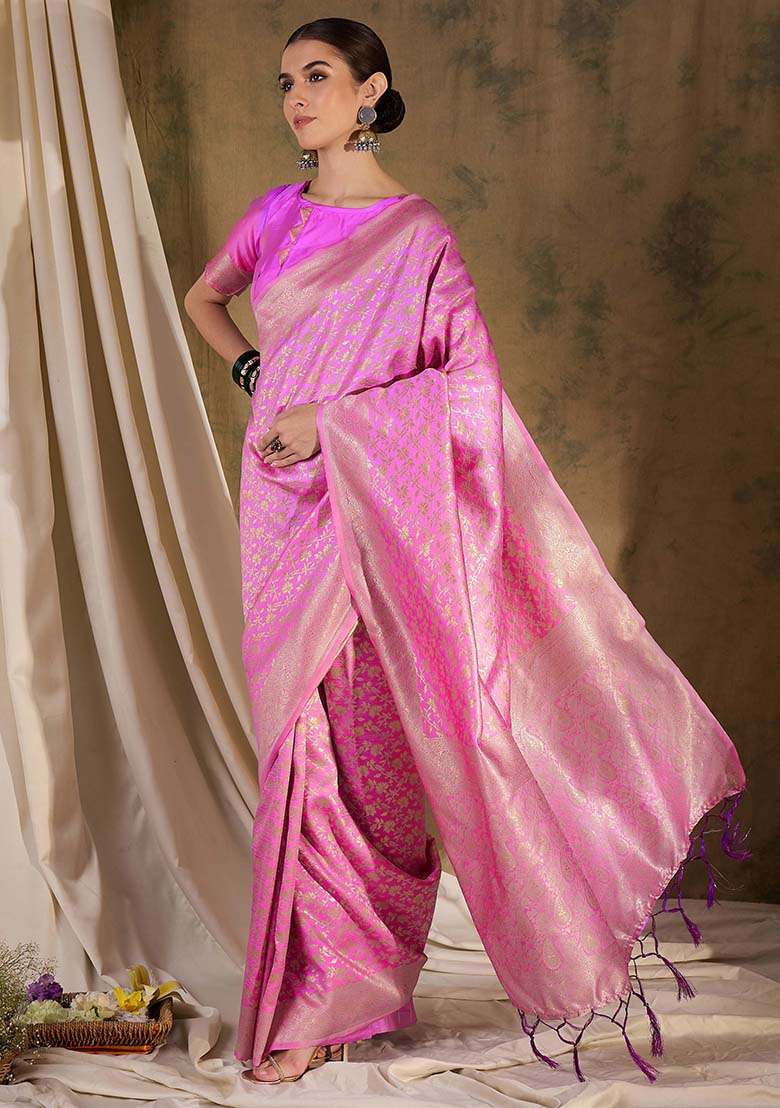 Baby Pink Embroidered Silk Blend Saree Set for Diwali and Festive Wear - Indya