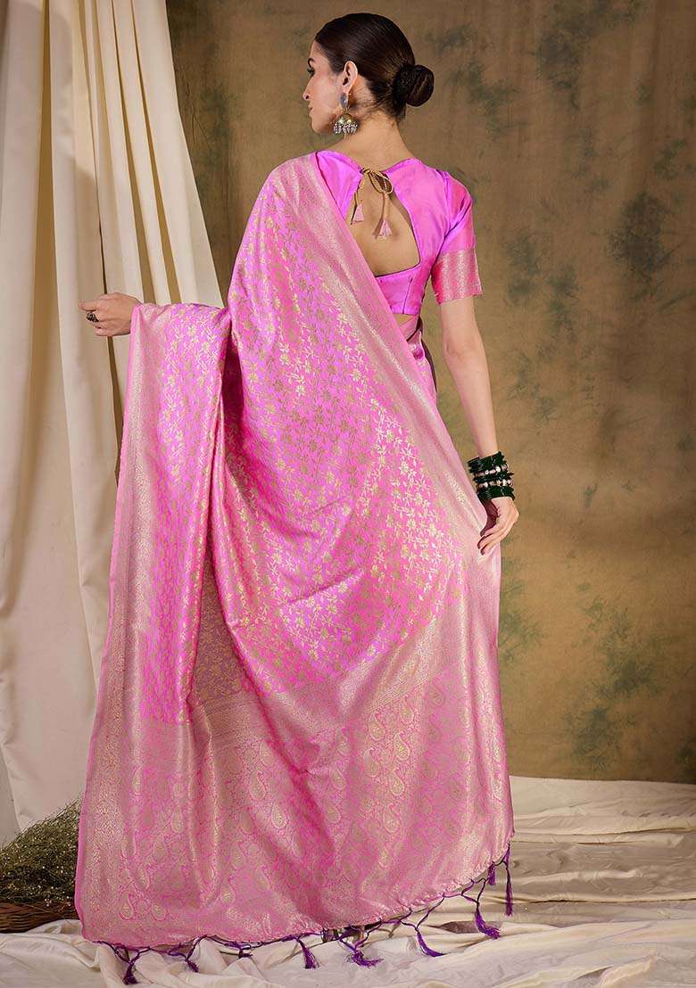 Baby Pink Embroidered Silk Blend Saree Set for Diwali and Festive Wear - Indya