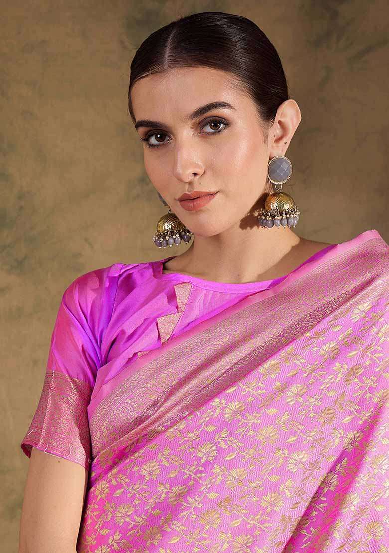 Baby Pink Embroidered Silk Blend Saree Set for Diwali and Festive Wear - Indya