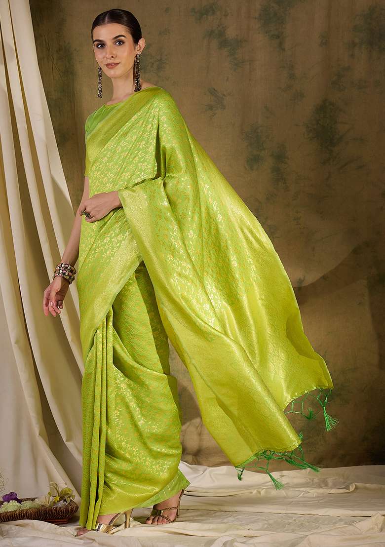 Pista Green Silk Saree Set with Embroidered for Diwali | Wedding & Festive Wear - Indya