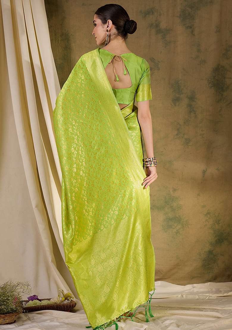 Pista Green Silk Saree Set with Embroidered for Diwali | Wedding & Festive Wear - Indya