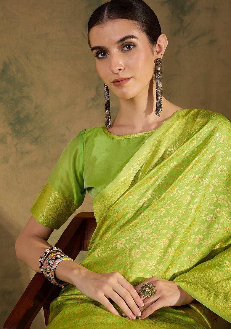 Pista Green Silk Saree Set with Embroidered for Diwali | Wedding & Festive Wear - Indya