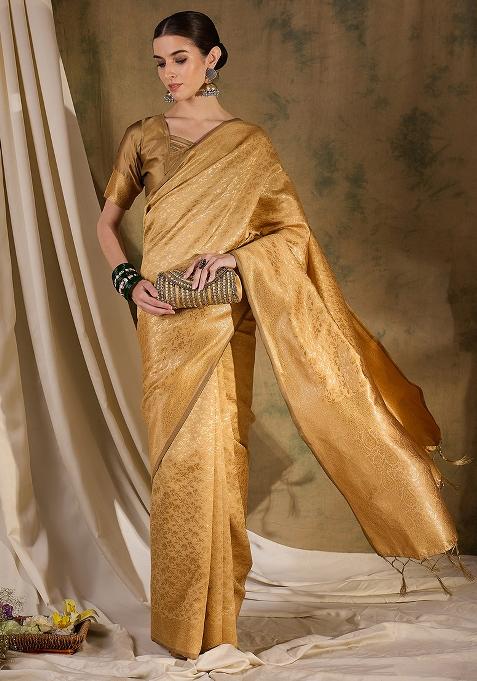 Cream Embroidered Silk Saree Set