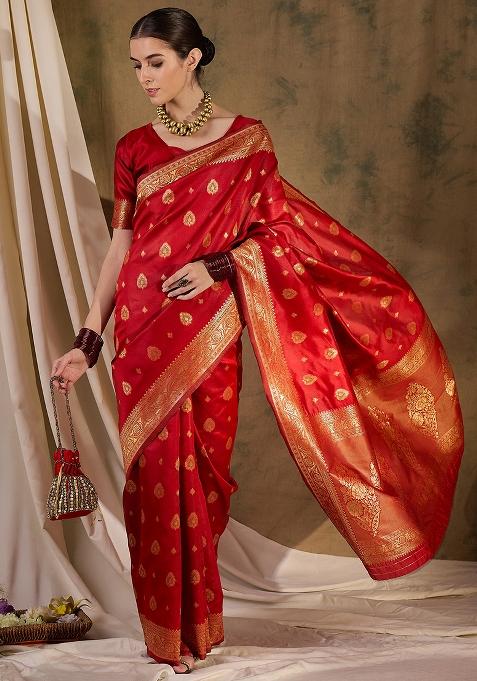 Red Embroidered Silk Saree Set
