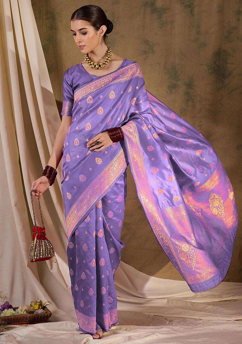 Purple Embroidered Silk Saree Set for Diwali and Festive Wear - Indya