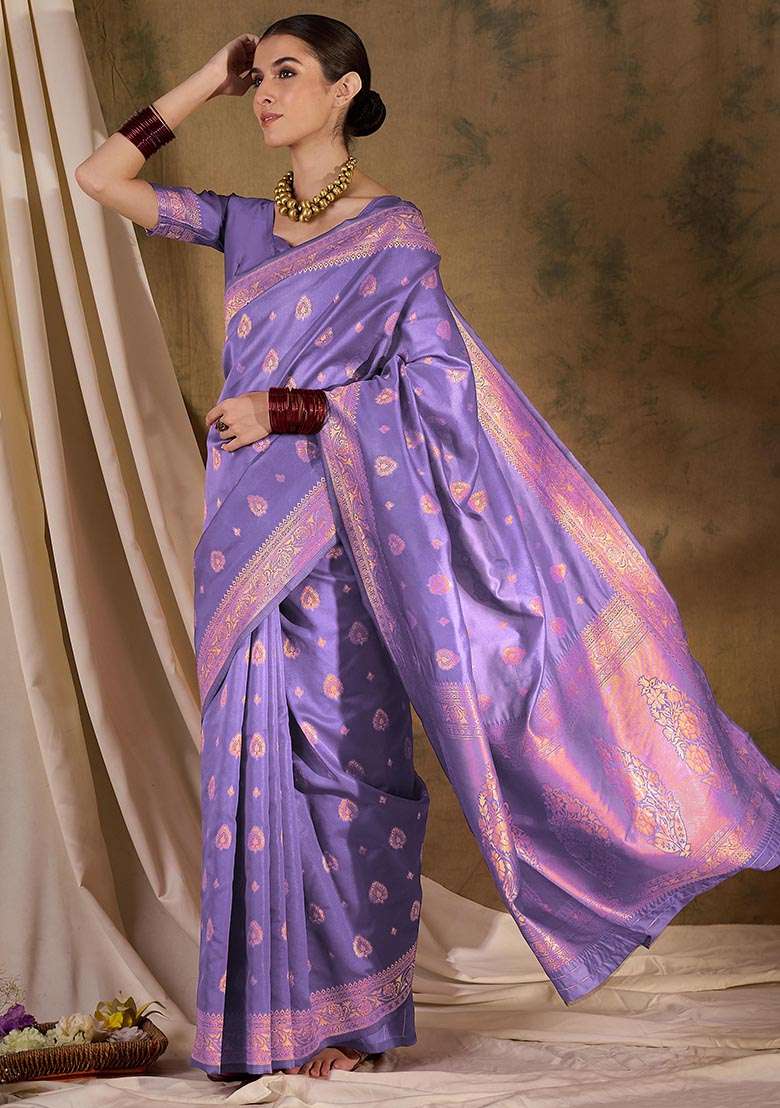 Purple Embroidered Silk Saree Set for Diwali and Festive Wear - Indya