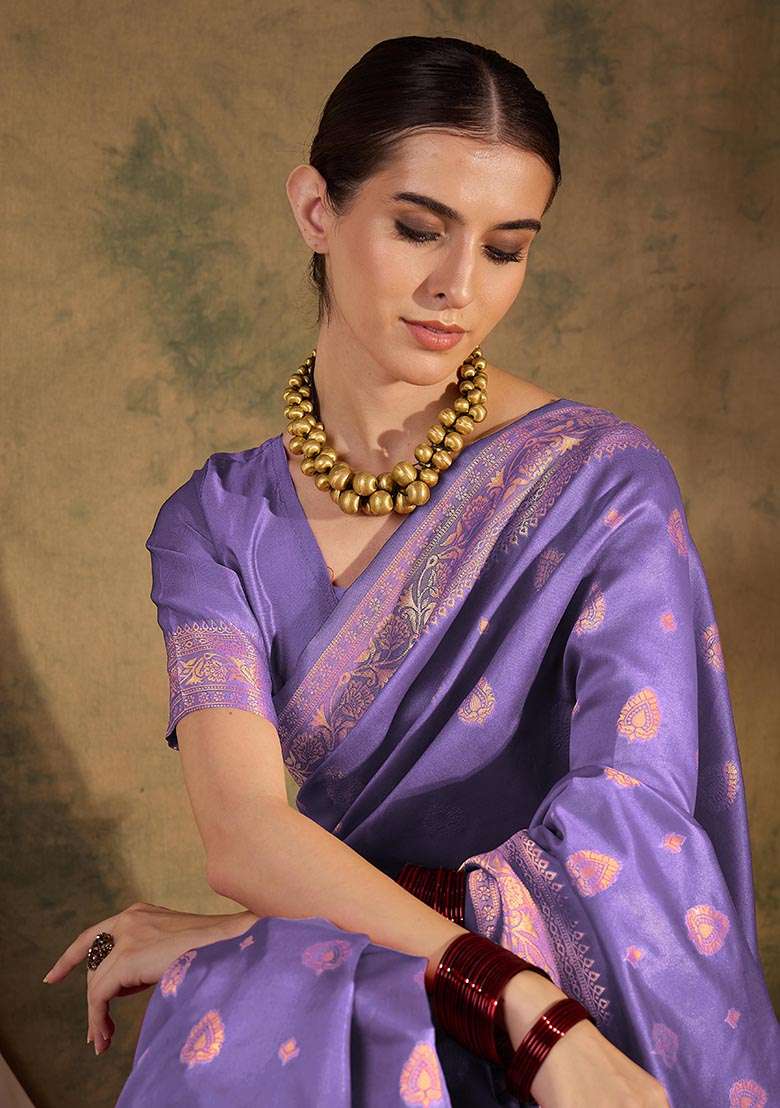 Purple Embroidered Silk Saree Set for Diwali and Festive Wear - Indya