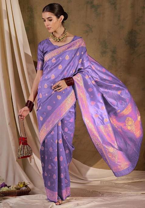 Purple Embroidered Silk Saree Set for Diwali and Festive Wear