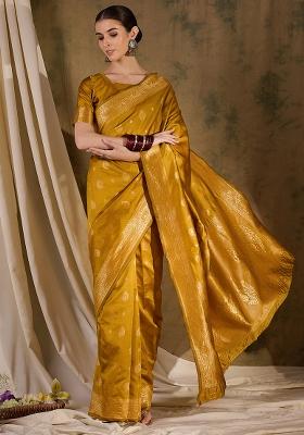 Mustard Embroidered Silk Saree Set