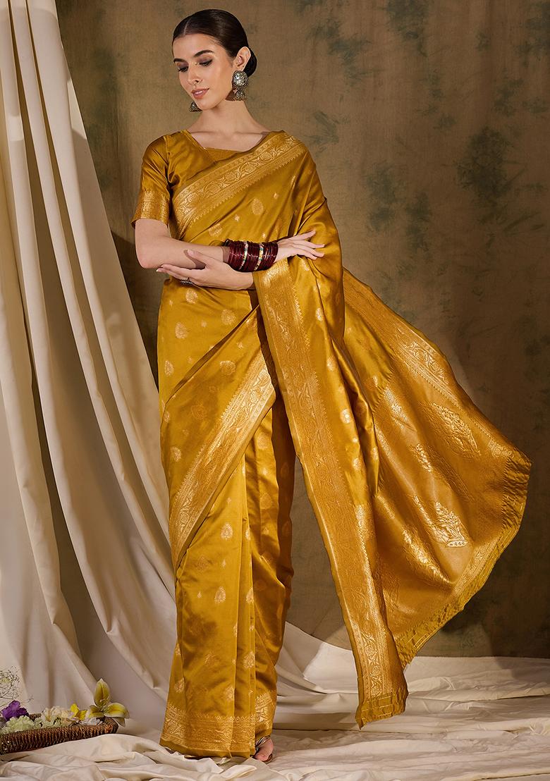 Mustard Embroidered Silk Saree Set