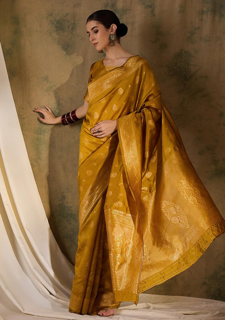 Mustard Embroidered Silk Saree Set
