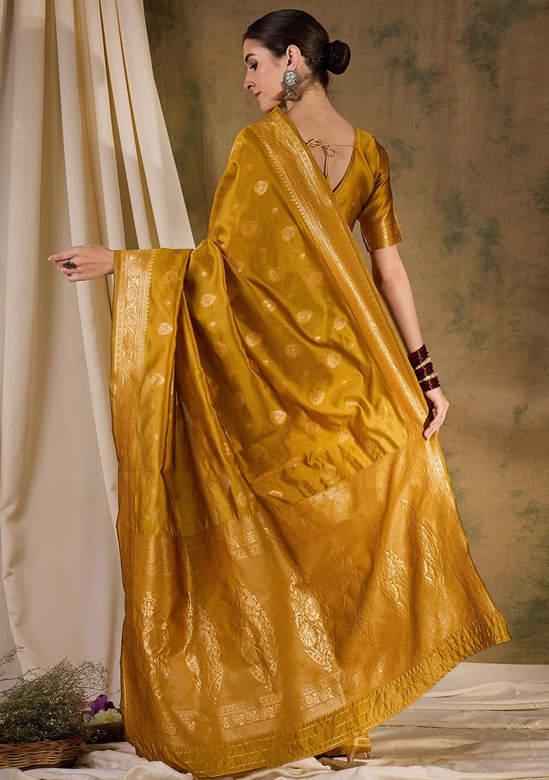 Mustard Embroidered Silk Saree Set