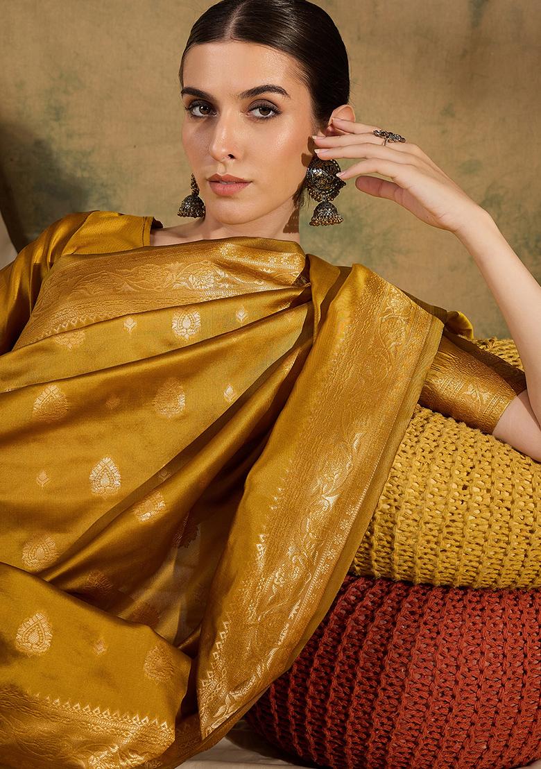 Mustard Embroidered Silk Saree Set