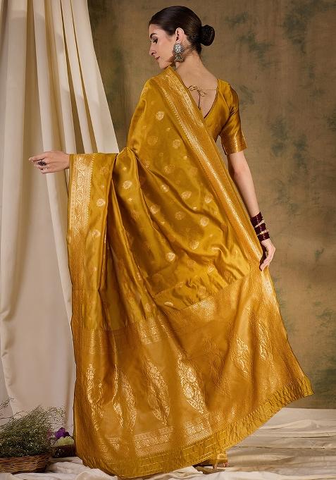 Mustard Embroidered Silk Saree Set