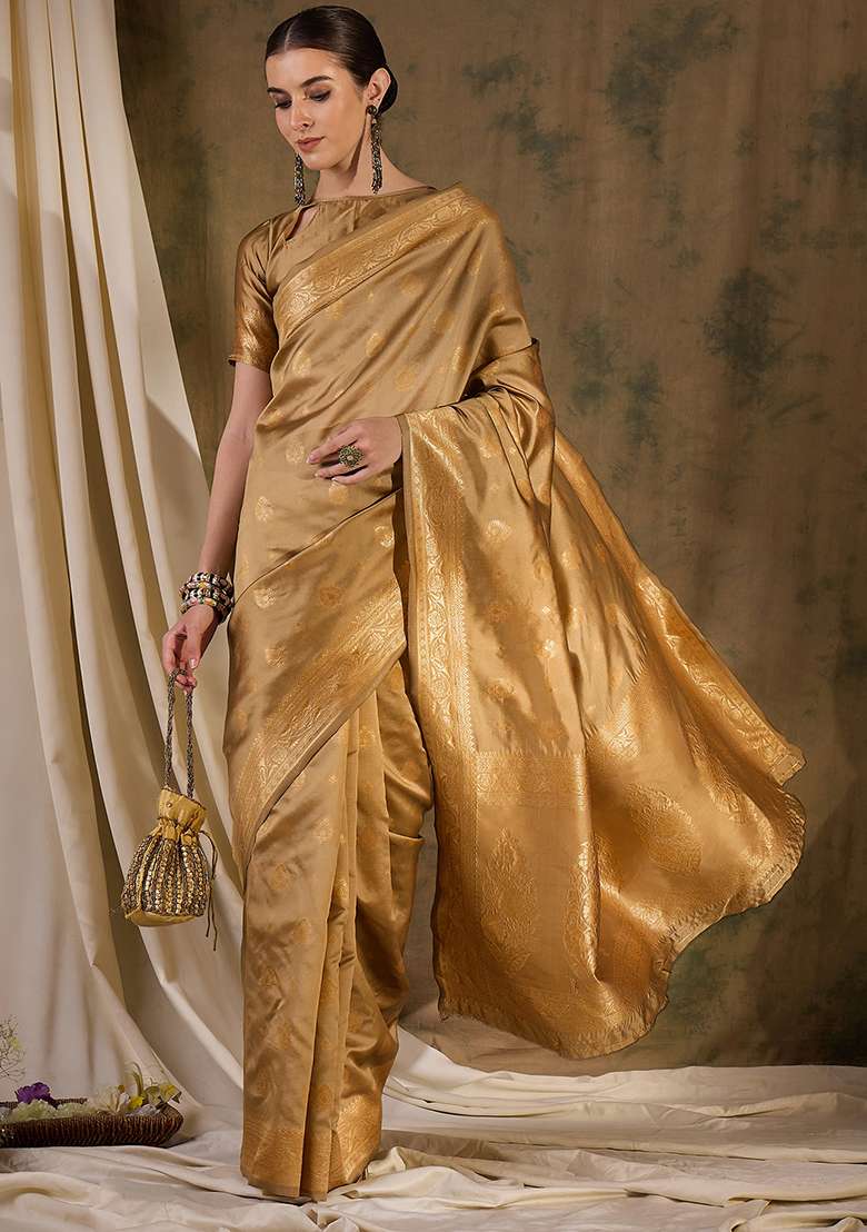 Beige Silk Blend Saree Set with Embroidered for Diwali | Wedding & Festive Wear - Indya