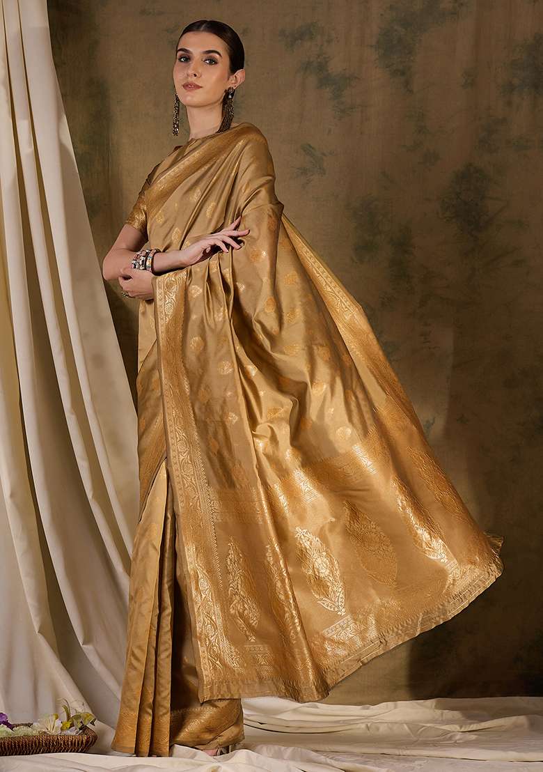 Beige Silk Blend Saree Set with Embroidered for Diwali | Wedding & Festive Wear - Indya