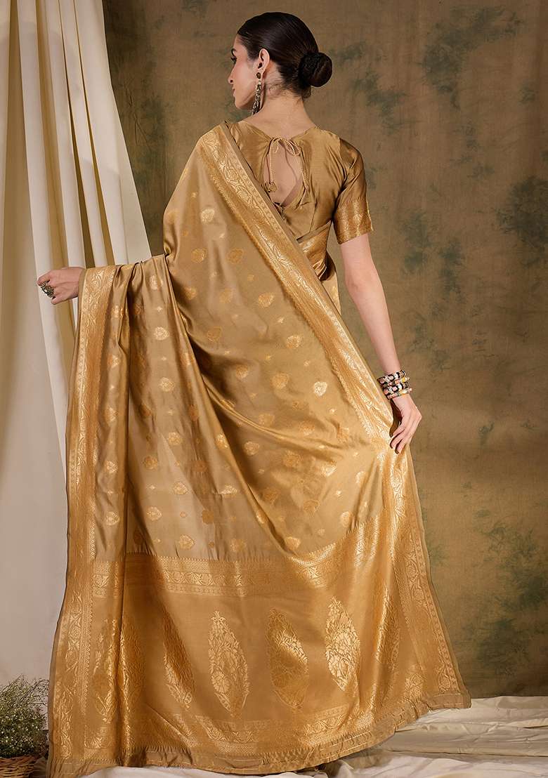 Beige Silk Blend Saree Set with Embroidered for Diwali | Wedding & Festive Wear - Indya