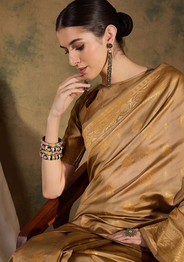 Beige Silk Blend Saree Set with Embroidered for Diwali | Wedding & Festive Wear - Indya