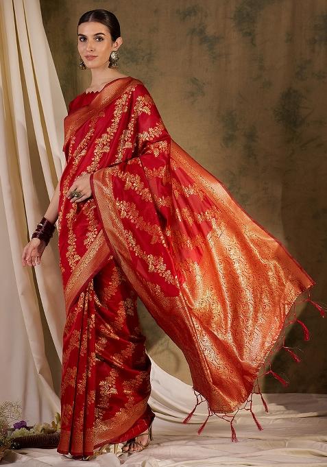 Red Embroidered Silk Saree Set