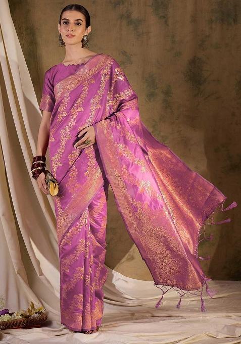 Pink Embroidered Silk Saree Set