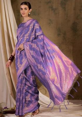 Lavender Embroidered Silk Saree Set