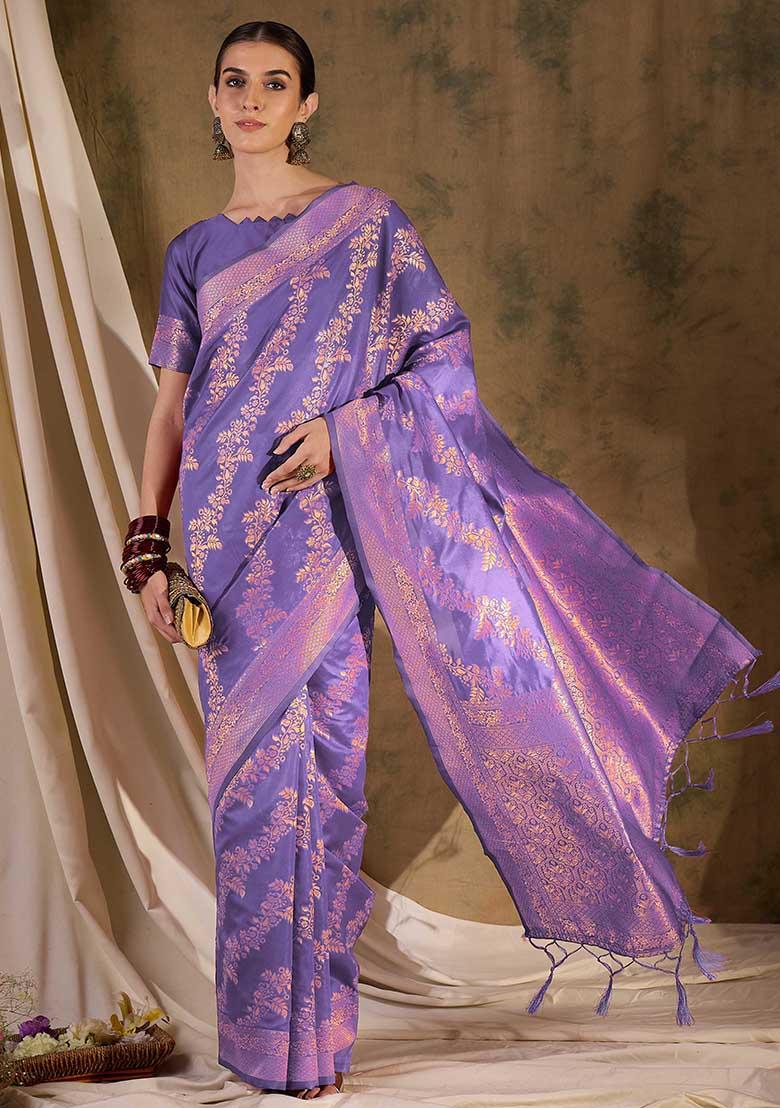 Lavender Embroidered Silk Saree Set