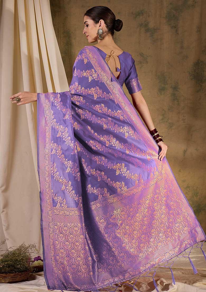 Lavender Embroidered Silk Saree Set