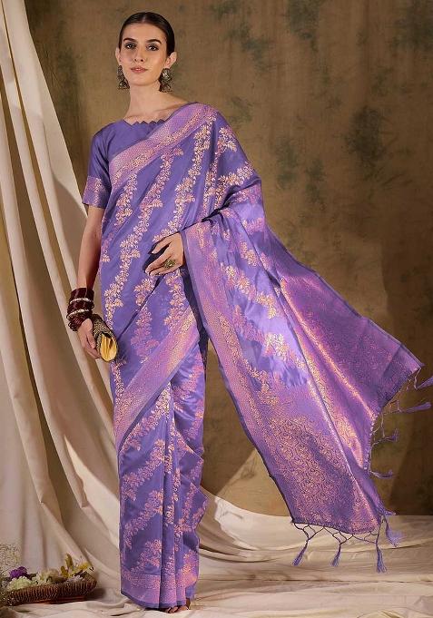 Lavender Embroidered Silk Saree Set