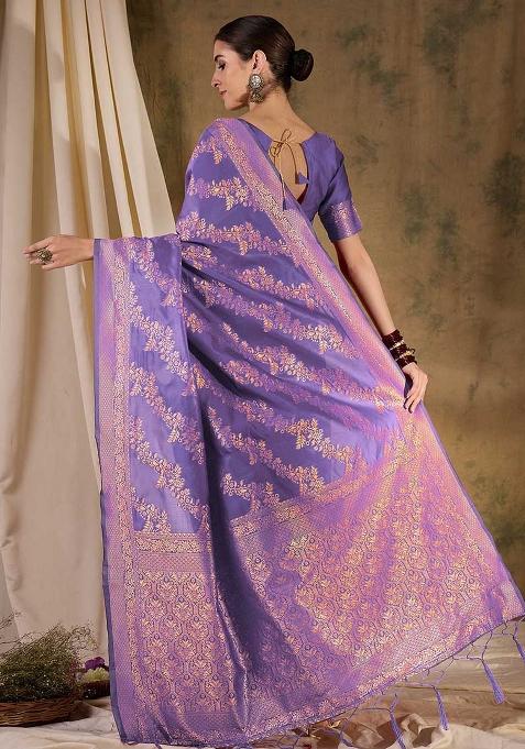 Lavender Embroidered Silk Saree Set